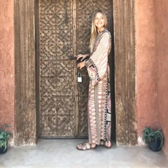 #298 Bohemian Tribal Tan Pattern Oversize Resort Beach Maxi Long festival Kimono - Picture 3 of 4